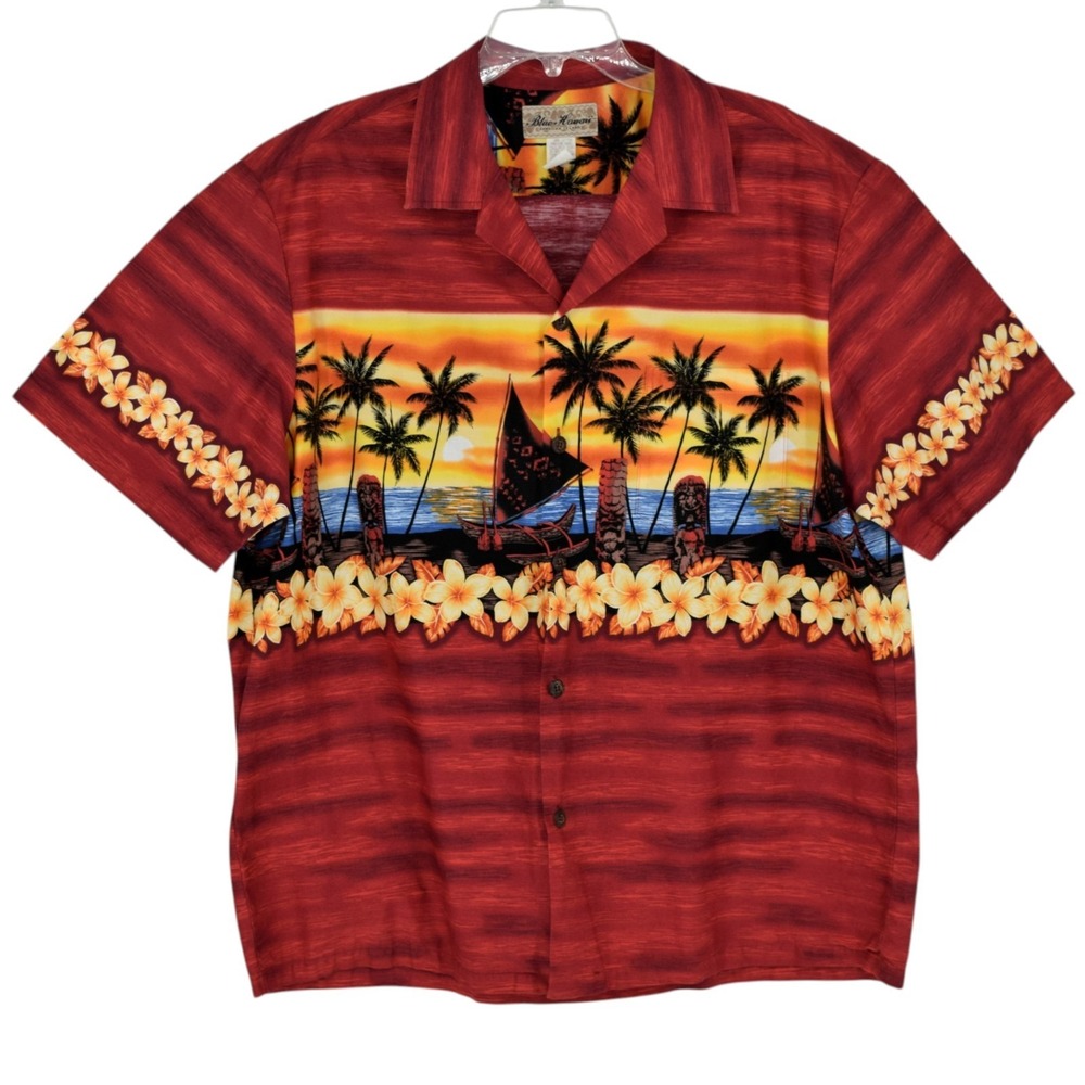 Blue Hawaii Mens 2XL Red Hawaiian Shirt Vintage Tiki Sunset Cotton Aloha Camp